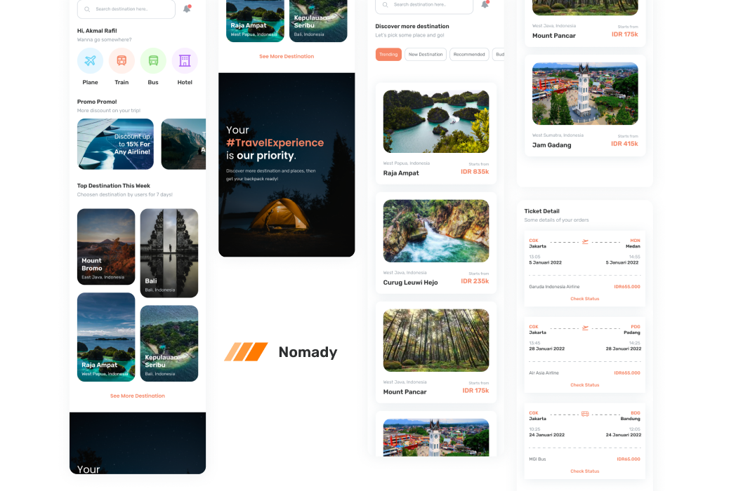 Hasil karya Nomady - Travel Mobile App belajar di BuildWithAngga