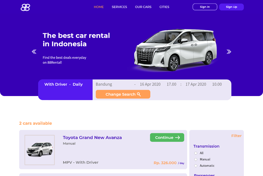 Hasil karya Web Design Rental Mobil di BuildWithAngga