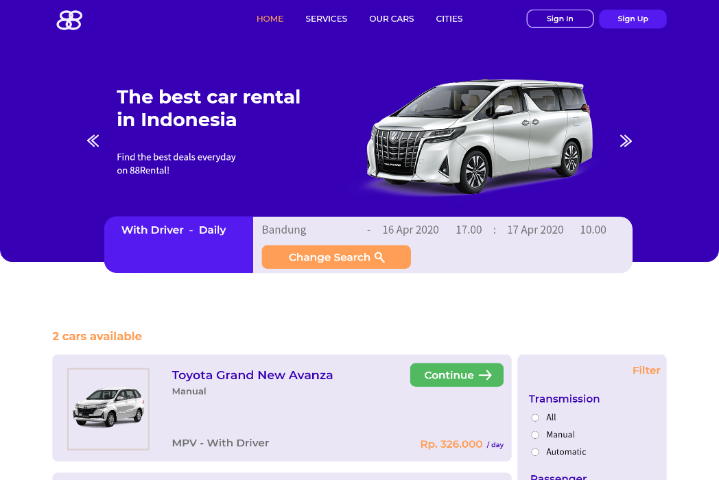 Hasil karya projek Web Design Rental Mobil belajar design dan code di BuildWithAngga