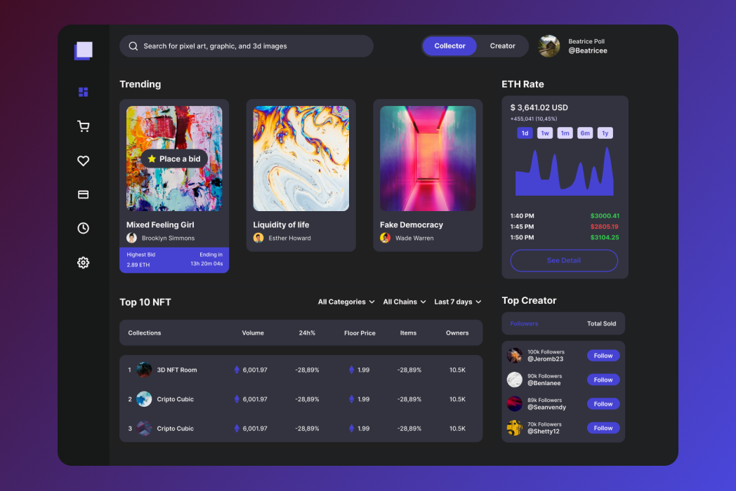 Hasil karya projek Dashboard NFT belajar design dan code di BuildWithAngga