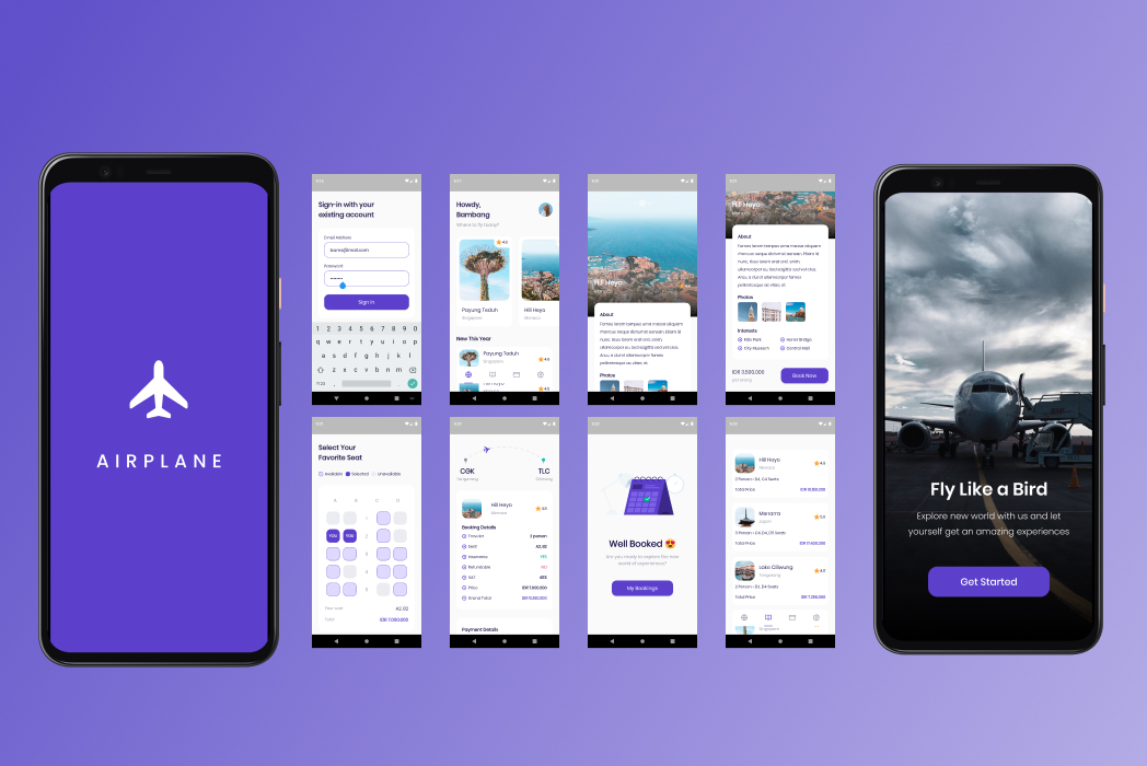 Hasil karya projek Airplane Travel App belajar design dan code di BuildWithAngga