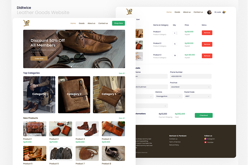 Hasil karya Leathergoods web (e-commerce) belajar di BuildWithAngga