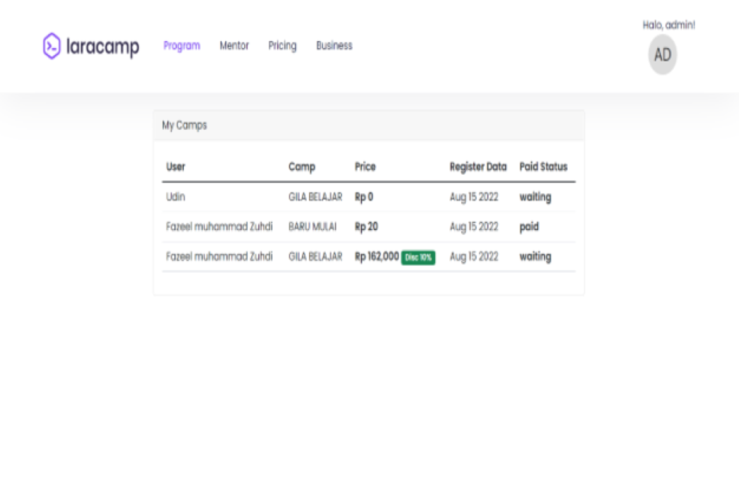 Hasil karya projek Laracamp belajar design dan code di BuildWithAngga