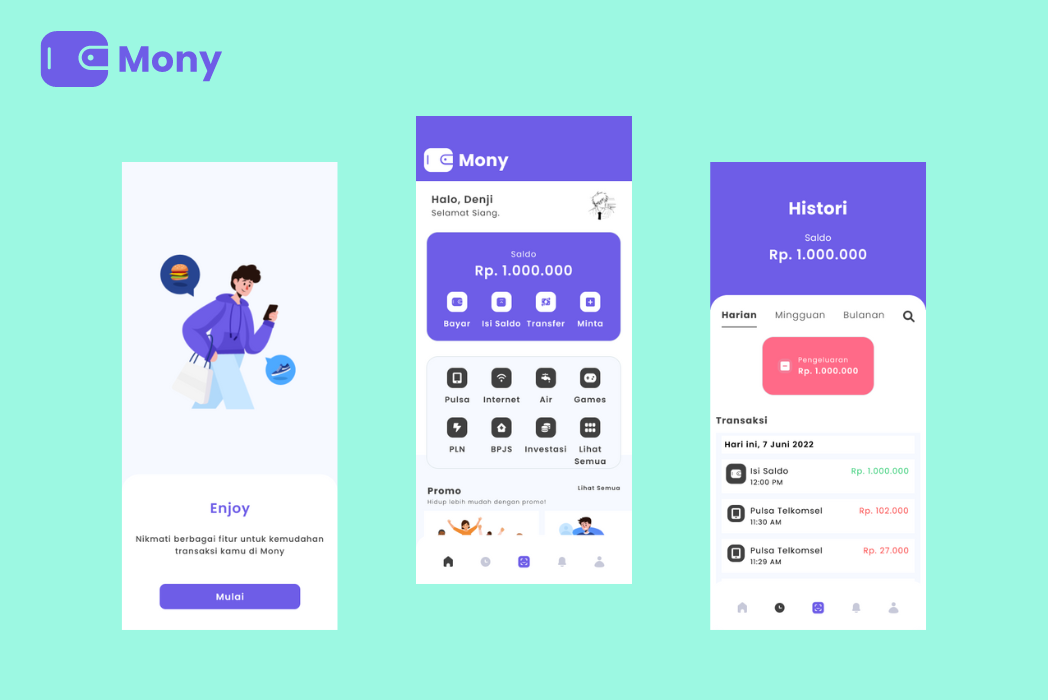 Hasil karya projek Mony: E-Wallet Mobile App belajar design dan code di BuildWithAngga