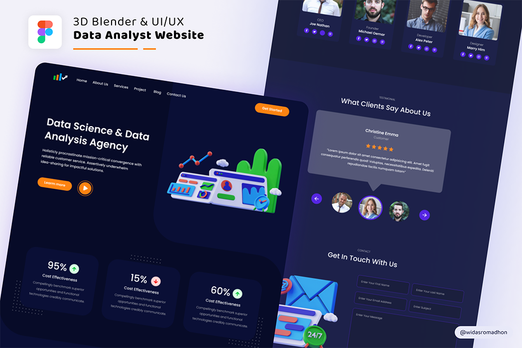 Hasil karya projek 3D Blender & UI/UX - Data Analyst Website belajar design dan code di BuildWithAngga