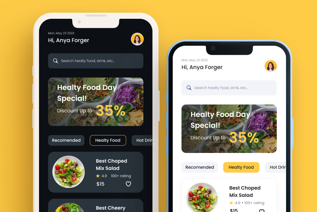 Hasil karya projek Food Delivery App (Dark & Light Version) belajar design dan code di BuildWithAngga