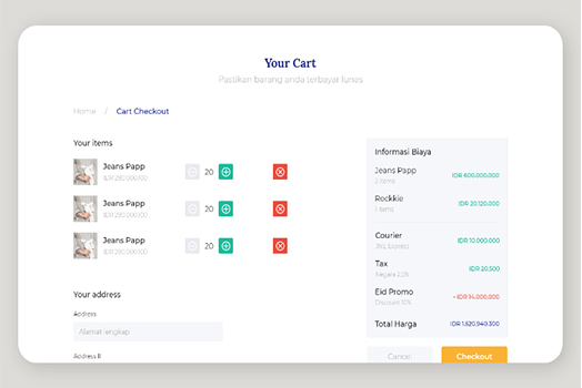 Hasil karya projek Online Shop Transaction belajar design dan code di BuildWithAngga