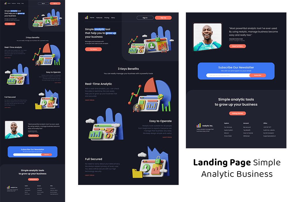 Hasil karya projek Landing Page Simple Analytic Business belajar design dan code di BuildWithAngga
