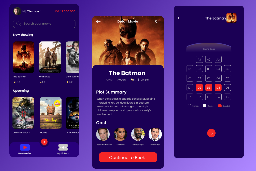 Hasil karya projek Movie Mobile Apps Design belajar design dan code di BuildWithAngga