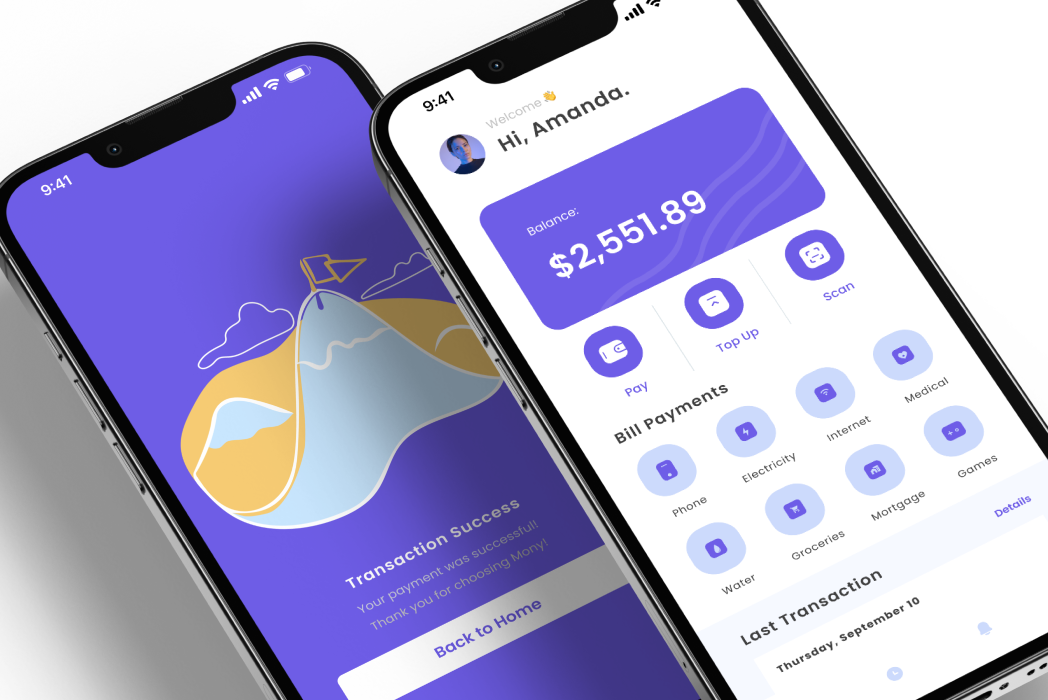 Hasil karya Mony - E Wallet App belajar di BuildWithAngga