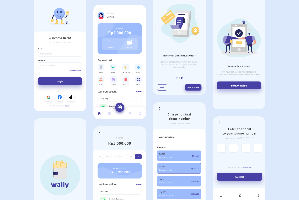 Hasil karya projek E-Wallet App - Wally belajar design dan code di BuildWithAngga
