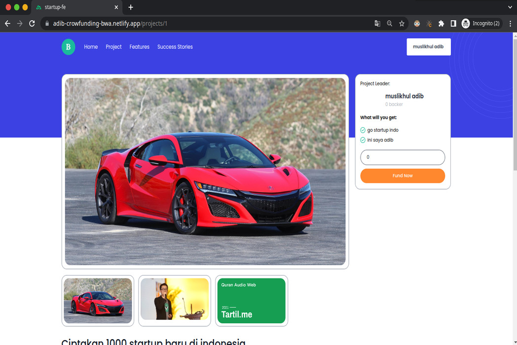 Hasil karya My crowfunding project from bwa course di BuildWithAngga