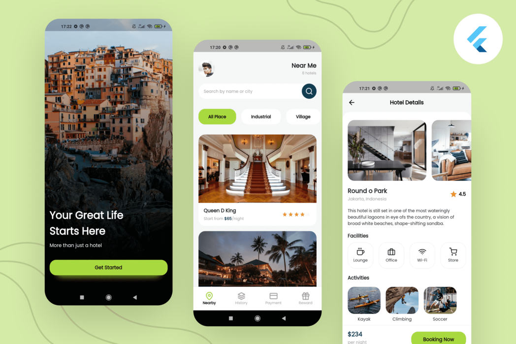 Hasil karya Hotels App belajar di BuildWithAngga