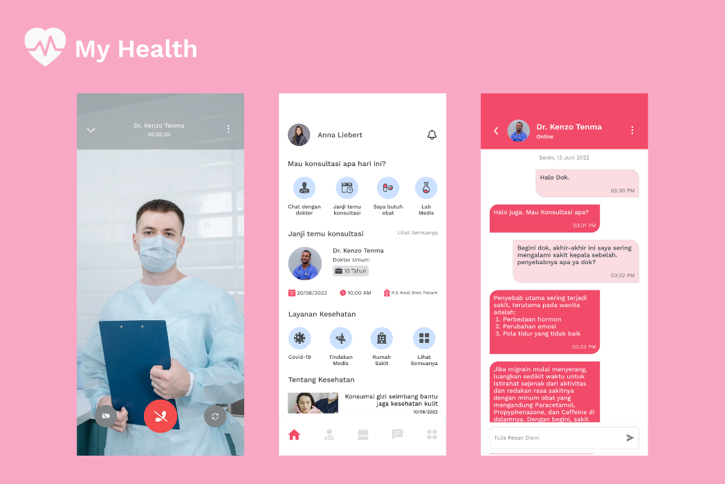 Hasil karya projek My Health - Health Care Mobile App belajar design dan code di BuildWithAngga