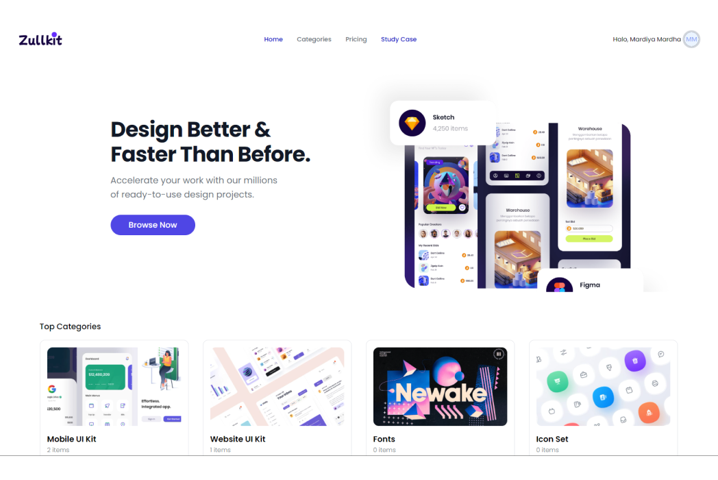 Hasil karya projek Zullkit UI Marketplace belajar design dan code di BuildWithAngga