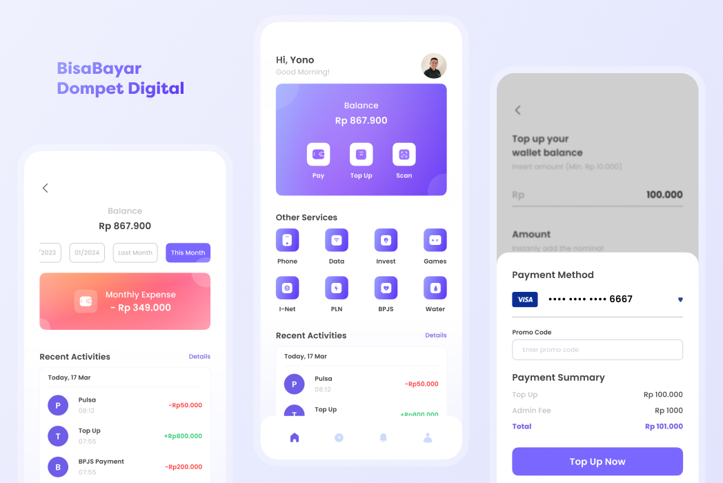 Hasil karya projek BisaBayar Dompet Digital belajar design dan code di BuildWithAngga