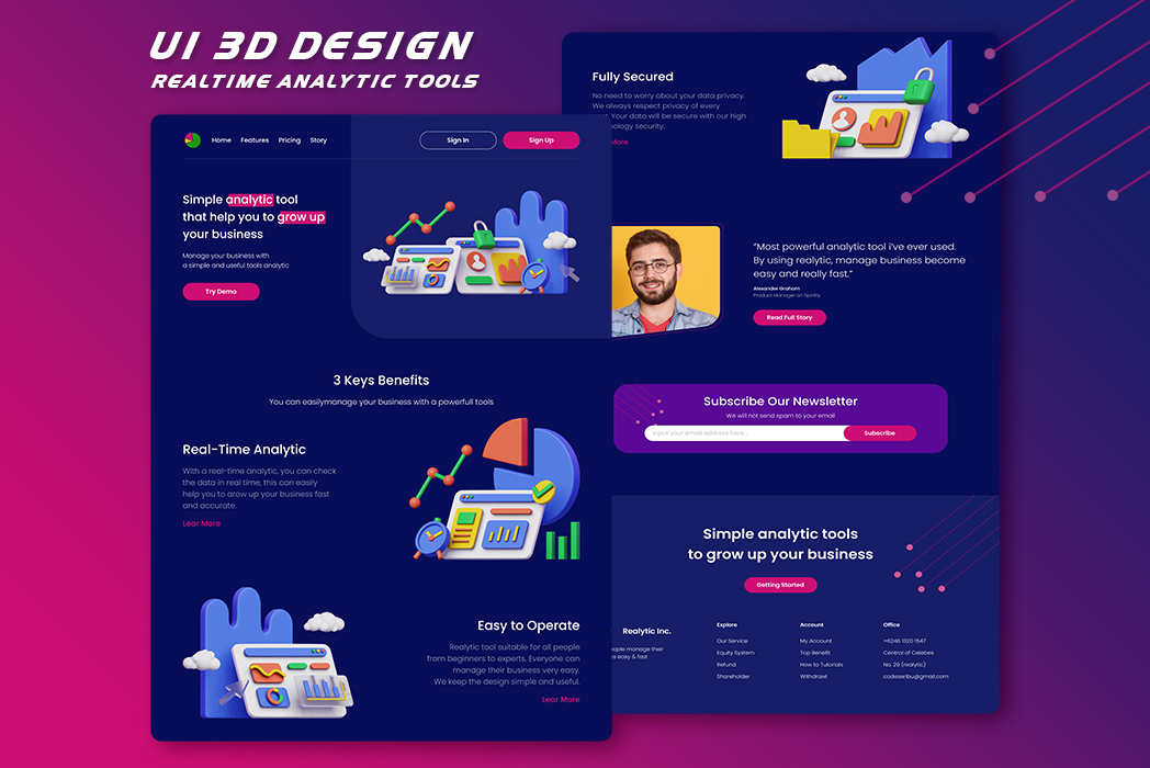 Hasil karya projek UI 3D Design Real-Time Analytic Tools belajar design dan code di BuildWithAngga