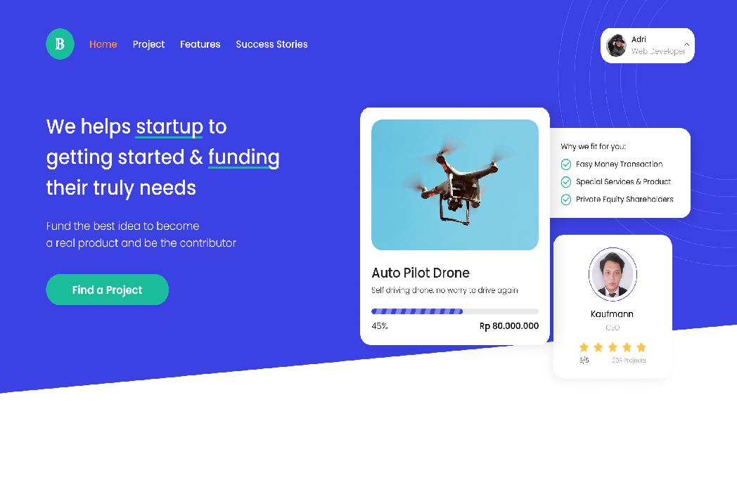 Hasil karya projek UI Design Crowdfunding web belajar design dan code di BuildWithAngga