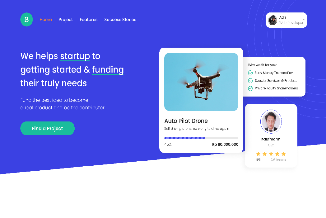 Hasil karya UI Design Crowdfunding web belajar di BuildWithAngga