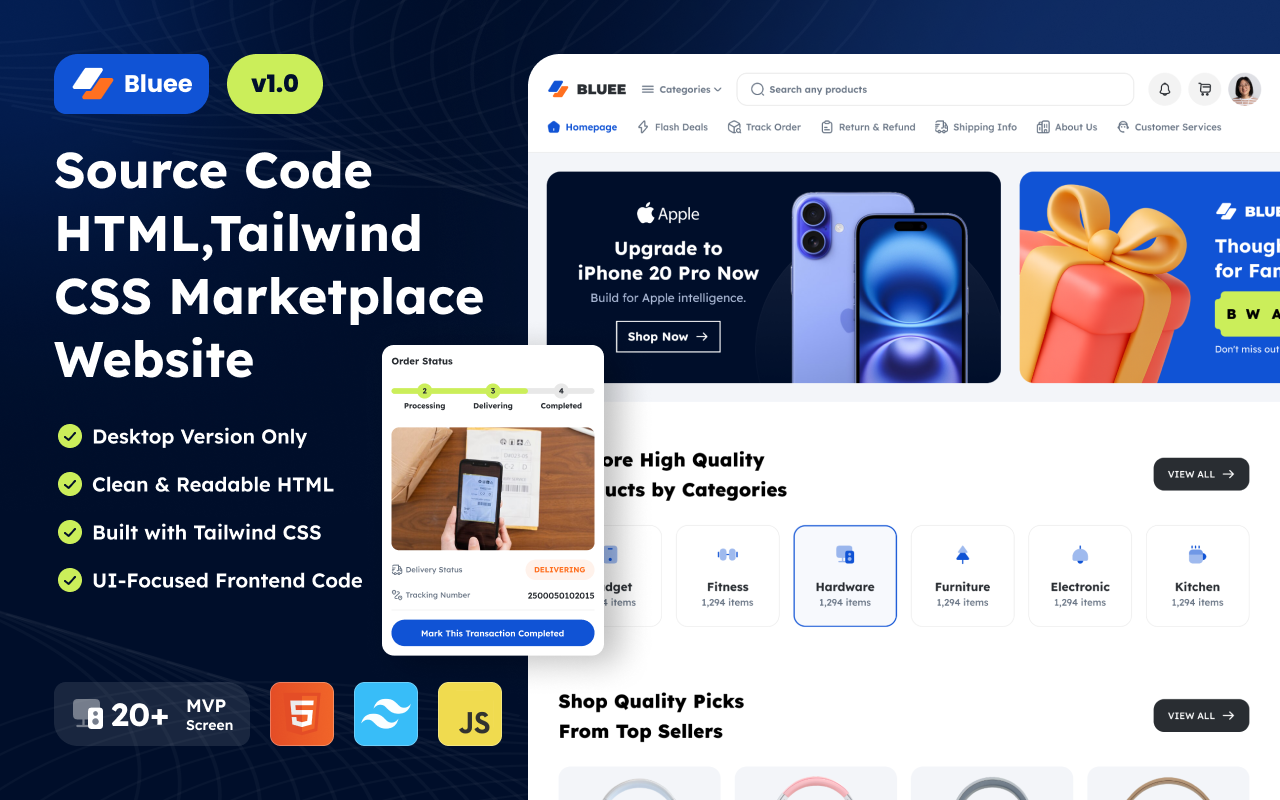 Kelas Source Code HTML, Tailwind CSS Marketplace Website di BuildWithAngga